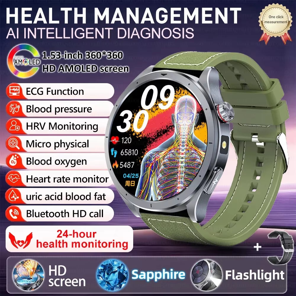 NEW 2025 AL-GPT Health Watch ECG+PPG Uric Acid Blood Pressure Body Analysis HD Call LED Flashlight Smart Watch Women Men’S